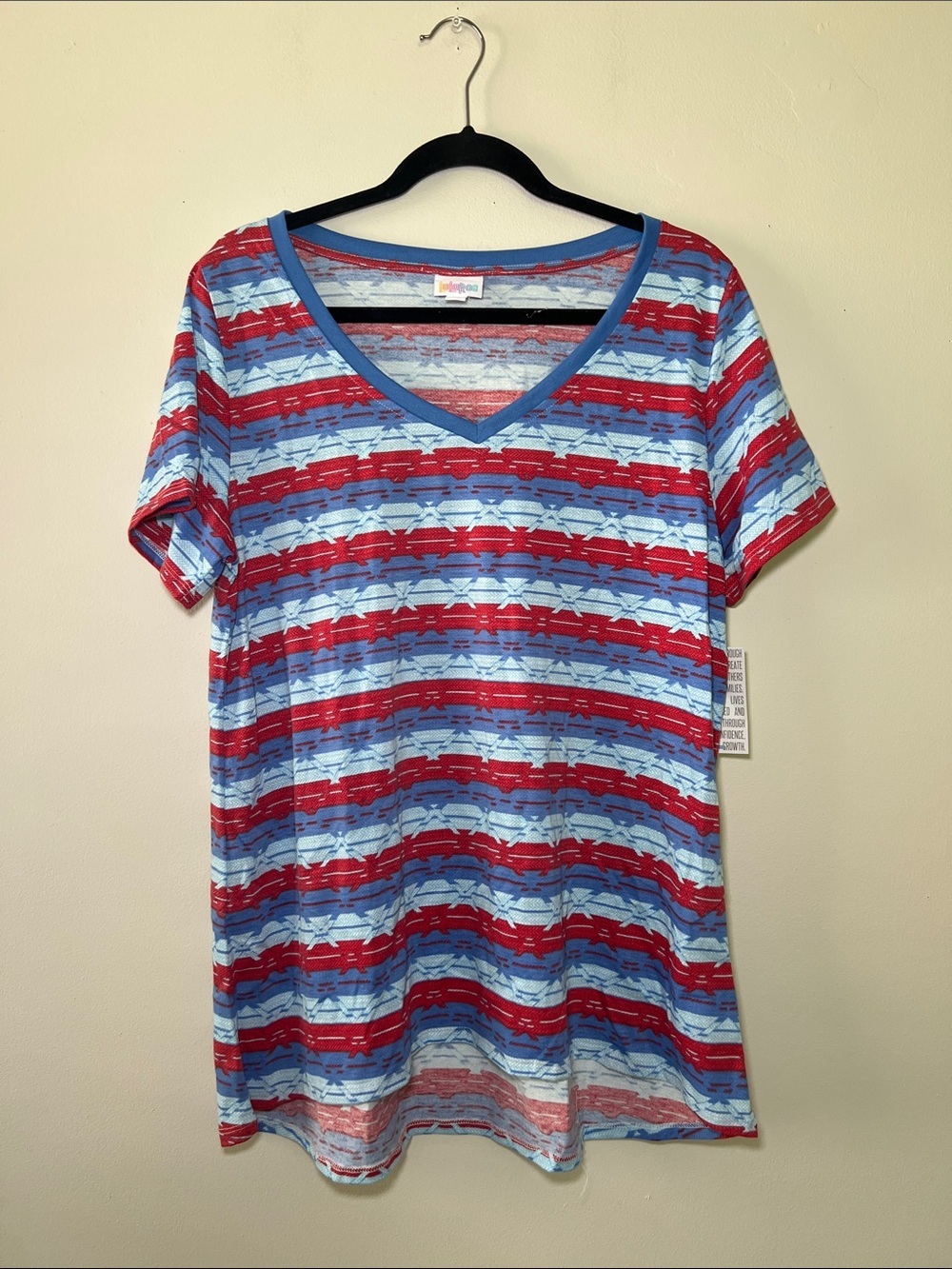 LuLaRoe Christy T Short Sleeve V-Neck Tee in Red and Light Blue Stripes